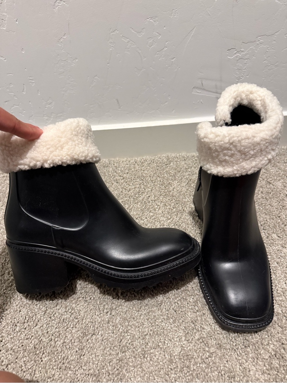 Macy's Black Block-Heel Ankle Boots with Cream Shearling Cuff